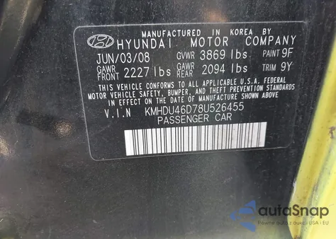 2008 Hyundai Elantra Gls/Se from USA, damaged, VIN KMHDU46D78U526455
